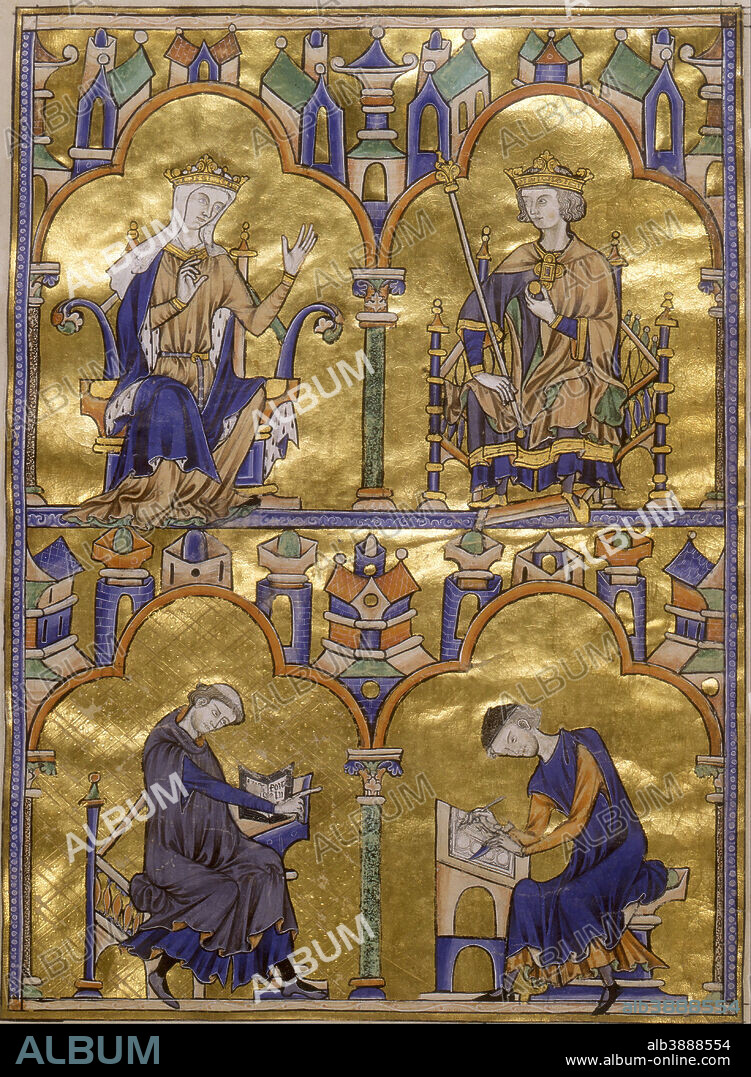 UNKNOWN. Bible moralisée de Tolède, dite bible de Saint-Louis, scène de dédicace. Date/Period: Ca. 1220-1230. Illumination on parchment. Height: 34.4 cm (13.5 in); Width: 26 cm (10.2 in).