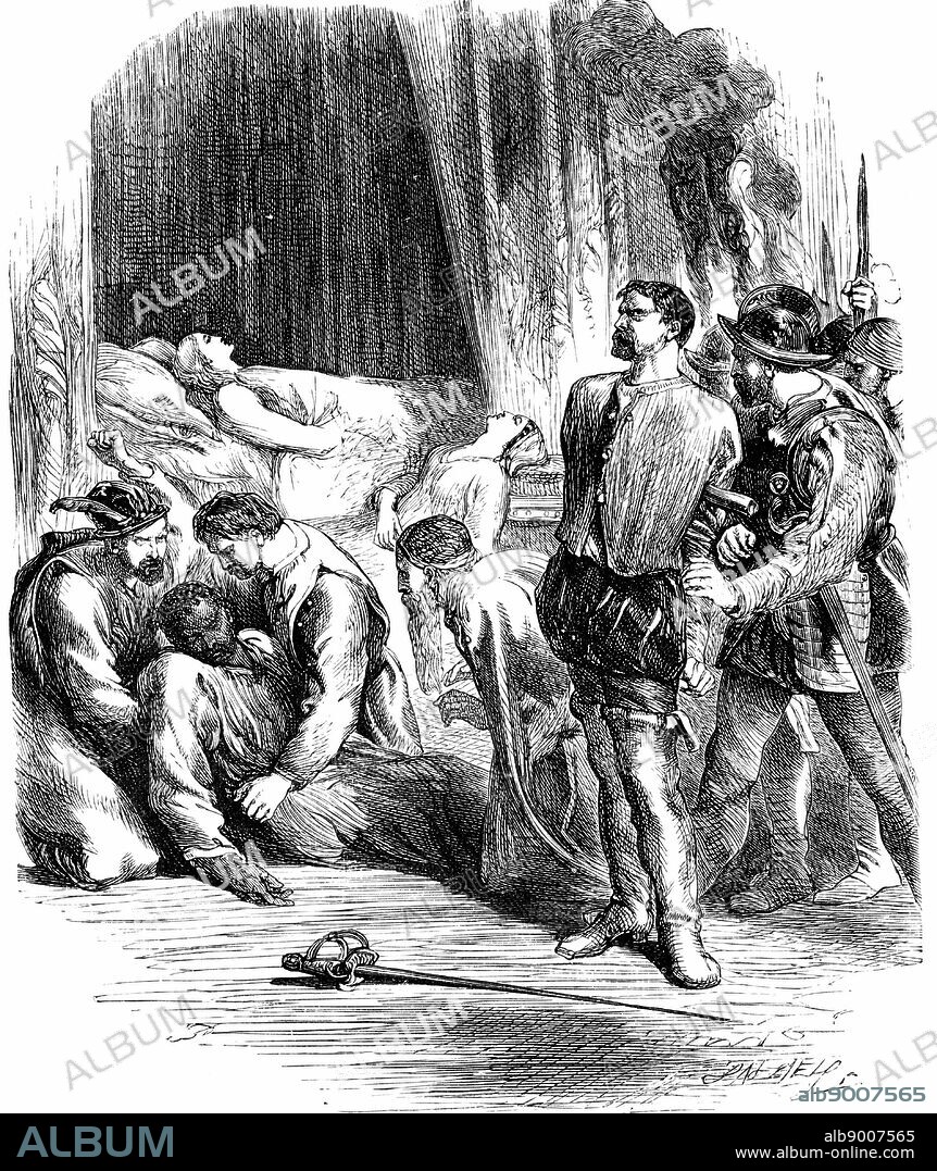 Shakespeare 'Othello' Act 5: Desdemona and Emilia lie dead, Othello has stabbed himself and Iago is taken prisoner. 19th century engraving.