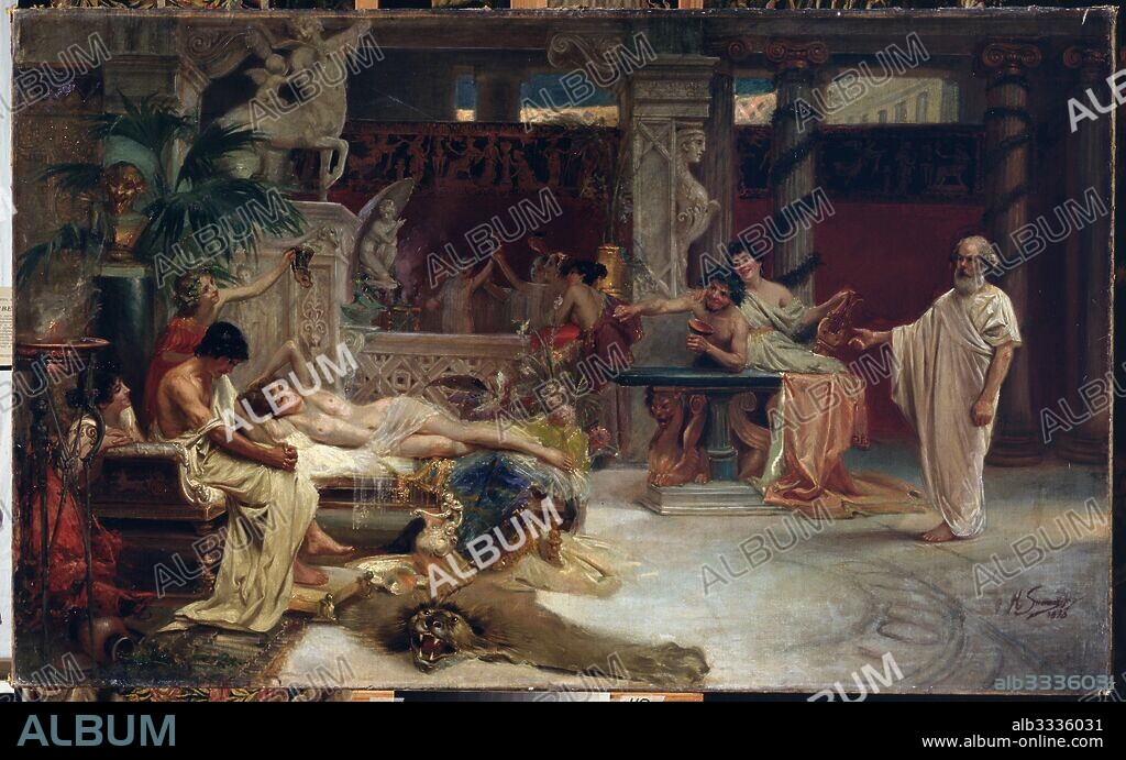 HENRYK SIEMIRADZKI. Socrates seeking Alcibiades in the house of a Hetaera.