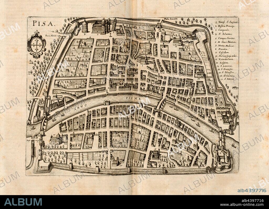 Pisa, Map of Pisa (Italy), Fig. 22, p. 108, 1640, Martin Zeiller: Itinerarium Italiae nov-antiquae oder Raiss-Beschreibung durch Italien: darinn nicht allein viel underschiedliche Weg durch das Welschland selbsten [...]. Frankfurt am Mayn: in Verlegung Matthaei Merians, M.DC.XL. [1640].