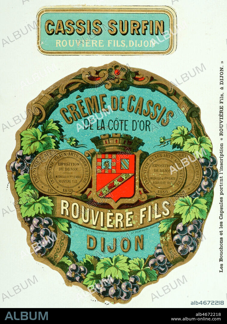 Etiquette de creme de cassis de la Cote d'or Rouviere fils. in Marques de fabrique francaises de 1878. Credit : Collection Kharbine-Tapabor.