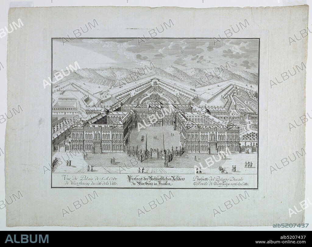 Aerial View of the Residenz at Würzburg, Germany, J.O. Berndt, 1736 - 1787, Engraving on paper, An aerial view of the royal palace at Würzburg, as seen from the town. Gardens and dependencies in the background., Germany, ca. 1770-1790, Print, Print.