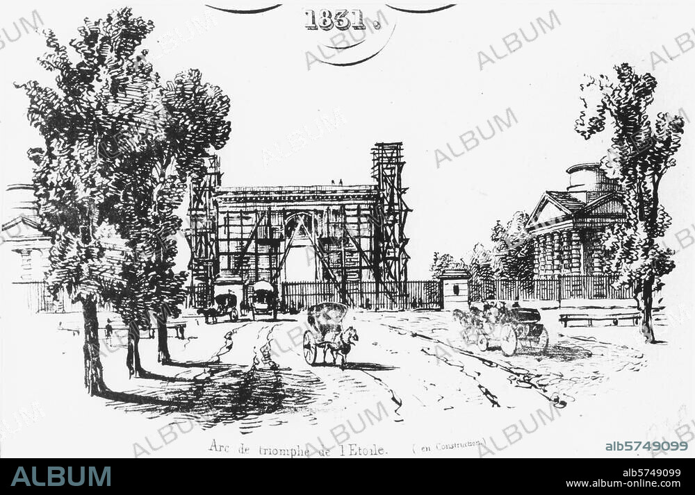 ANONYMOUS. Paris (France), Arc de Triomphe. (built 1806-1836, design by J.F.T. Chalgrin). "Arc de triomphe de l'Etoile (en Construction) ". (Seen under construction before the attic level is added by Abel Blouet; in the foreground the customs houses, built in 1788 by Ledoux). Lithograph, unmarked, 19th century. Paris, Musée de l'Arc de Triomphe.