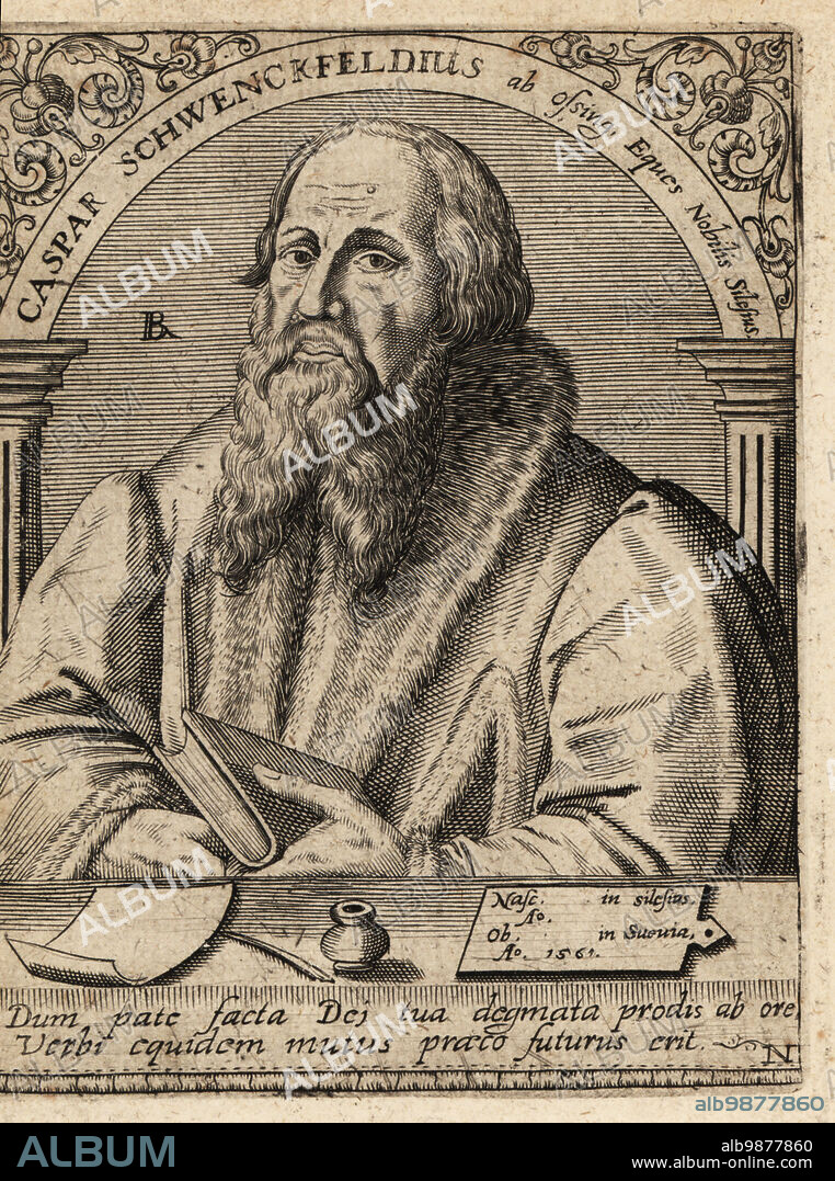 Caspar Schwenckfeld von Ossig, 1490-1561, German theologian, writer, and preacher who became a Protestant Reformer and spiritualist. Caspar Schweckfeldius ab Ossing Eques Nobilis Silesius. Copperplate engraving by Johann Theodore de Bry from Jean-Jacques Boissards Bibliotheca Chalcographica, Johann Ammonius, Frankfurt, 1650.