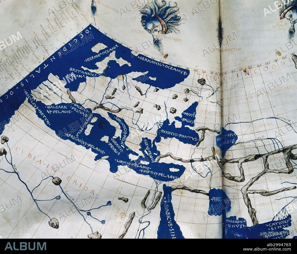 PTOLOMEO, Claudio (h. 100-h. 170). Astrónomo, matemático y geógrafo de la antigüedad de la Escuela de Alejandria. Geographia. Manuscrito del siglo XV. "MAPAMUNDI" (detalle), año 1456. Biblioteca Universitaria de Salamanca. Castilla-León. España.