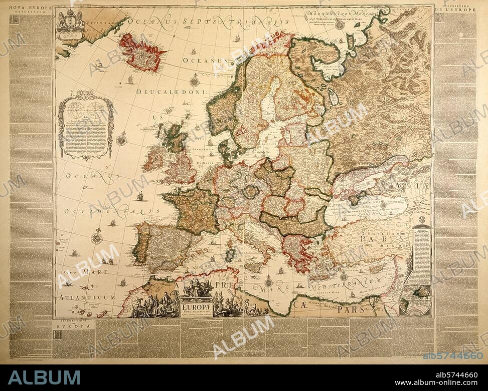 Europa / Landkarten. "EUROPAE NOVA DESCRIPTIO". (Randleisten mit beschreibendem Text in Latein, Holländisch und Französisch). Kupferstich, mit Grenz- und Flächenkolorit. Amsterdam (Joan Blaeu) 1659.