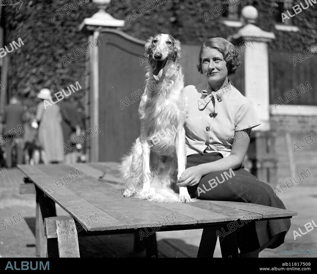 Ity and Suburban Canine Society's Show at Tattersalls. Mrs Benn and her Borzoi "Jeremy Fandor". 14 September 1933.