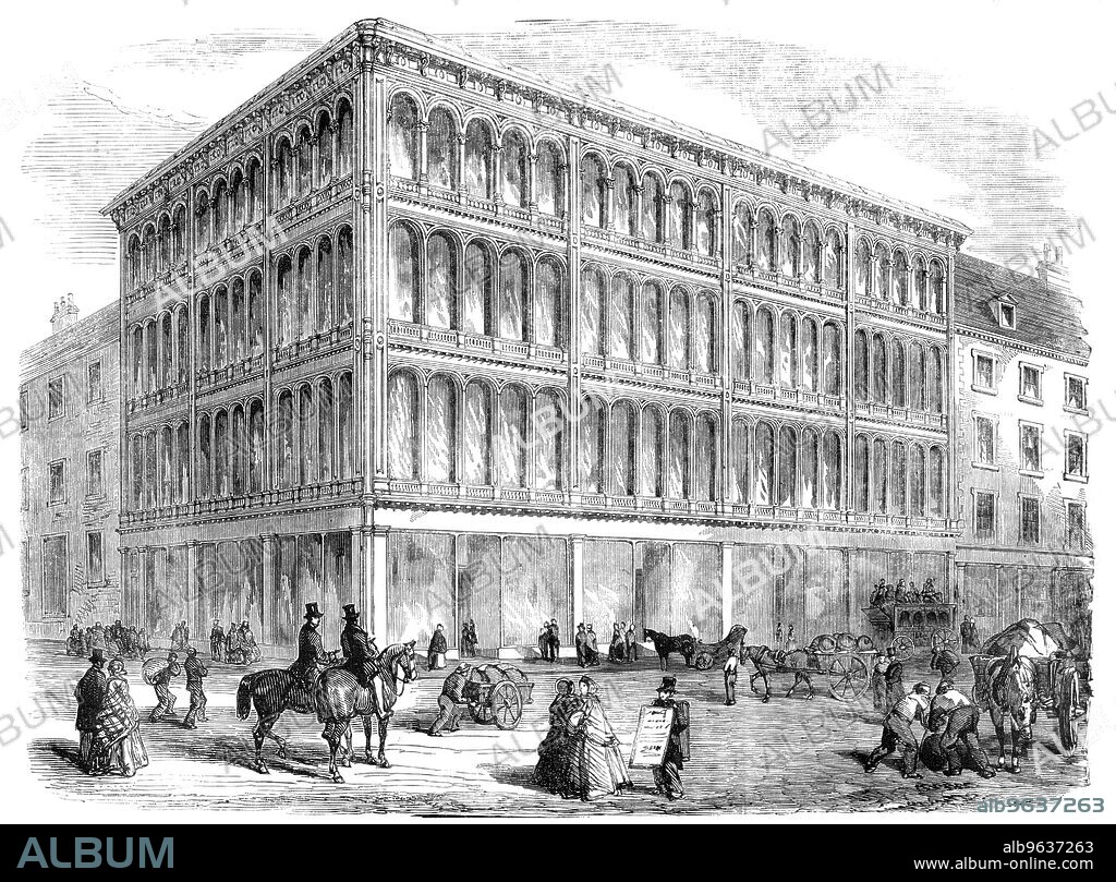 New Iron and Glass Warehouse at Glasgow, 1856. 'This building has a frontage of eighty-seven feet to Jamaica-street on the east, and fifty-five feet to Ann-street on the south. The two fronts...are composed entirely of cast iron and British plate glass...The general features of the building are - lightness of construction, giving great admission of light, unobstructed floor room, and facility of division, to suit different classes of tenants. One powerful heating apparatus is being made to heat the whole premises. The framed girders...are constructed of malleable iron flat bars at top and bottom, having cast-iron distending frames or blocks placed between them...These girders and the shop shutters to be used at this building have been invented by Mr. Robert M'Connel, the contractor for the iron work, and are now secured by patent'. From "Illustrated London News", 1856.