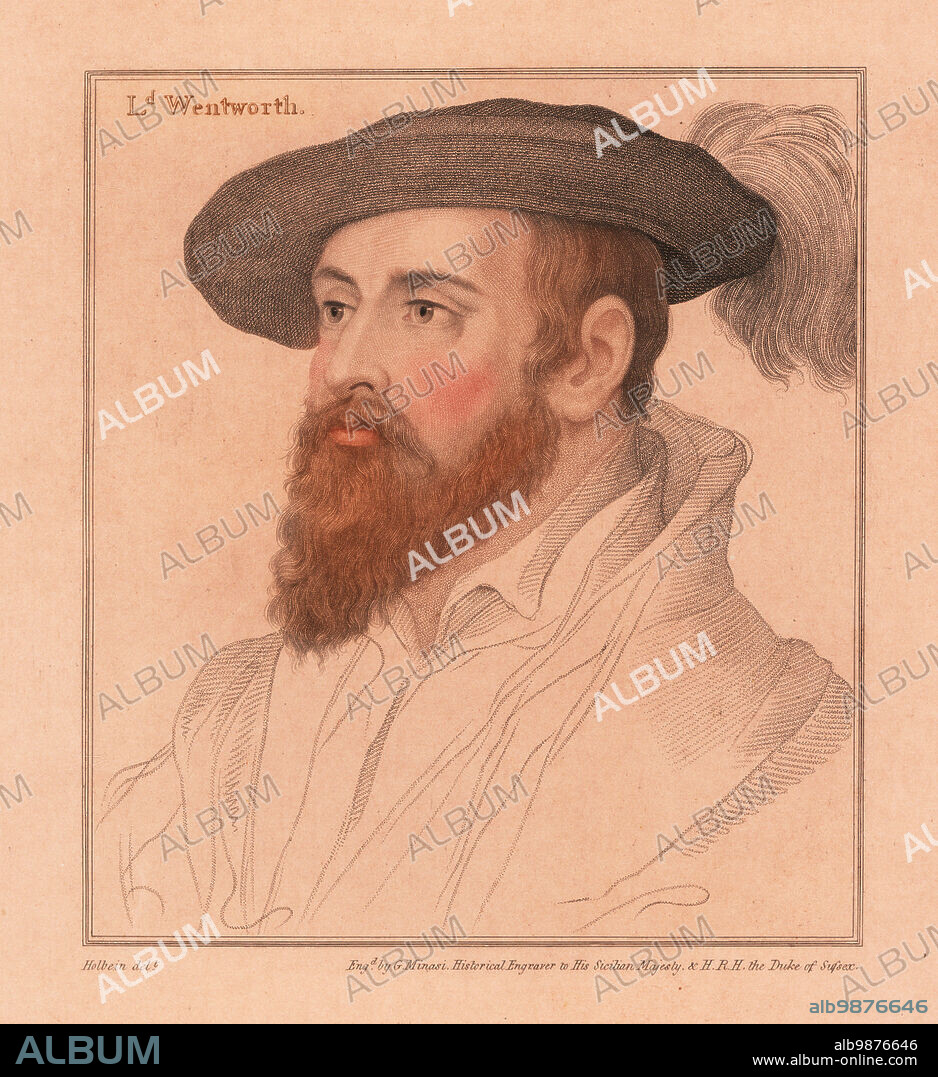 Thomas Wentworth, 1st Baron Wentworth, 6th Baron le Despencer (1501-1551), English peer and courtier, Lord Chamberlain under King Edward VI. Ld Wentworth. Handcoloured copperplate stipple engraving by G. Minasi after a portrait by Hans Holbein the Younger from Imitations of Original Drawings by Hans Holbein, John Chamberlaine, London, 1812.