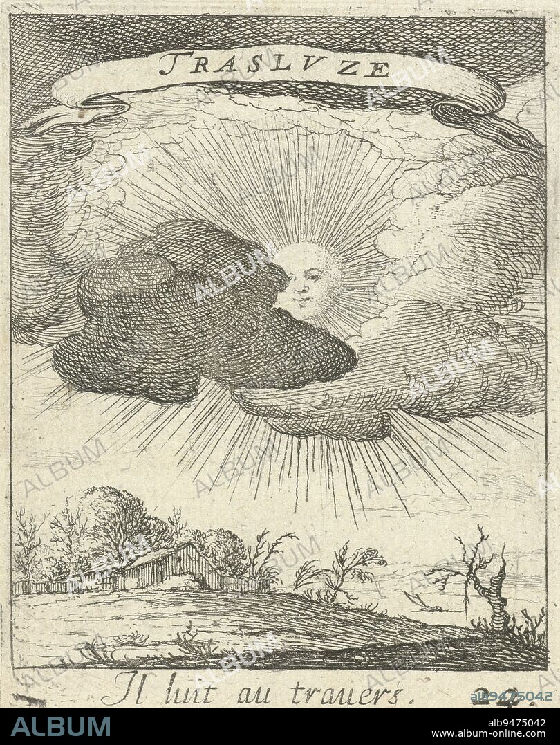 Sun behind clouds, Albert Flamen, 1672, A landscape with a cottage and a radiant sun, partly behind dark clouds. On a banderole a motto in Latin and a caption in French, both about love., print maker: Albert Flamen, publisher: Etienne Loyson, Lodewijk XIV (koning van Frankrijk), print maker: Paris, publisher: Paris, France, 1672, paper, etching, h 88 mm × w 69 mm.