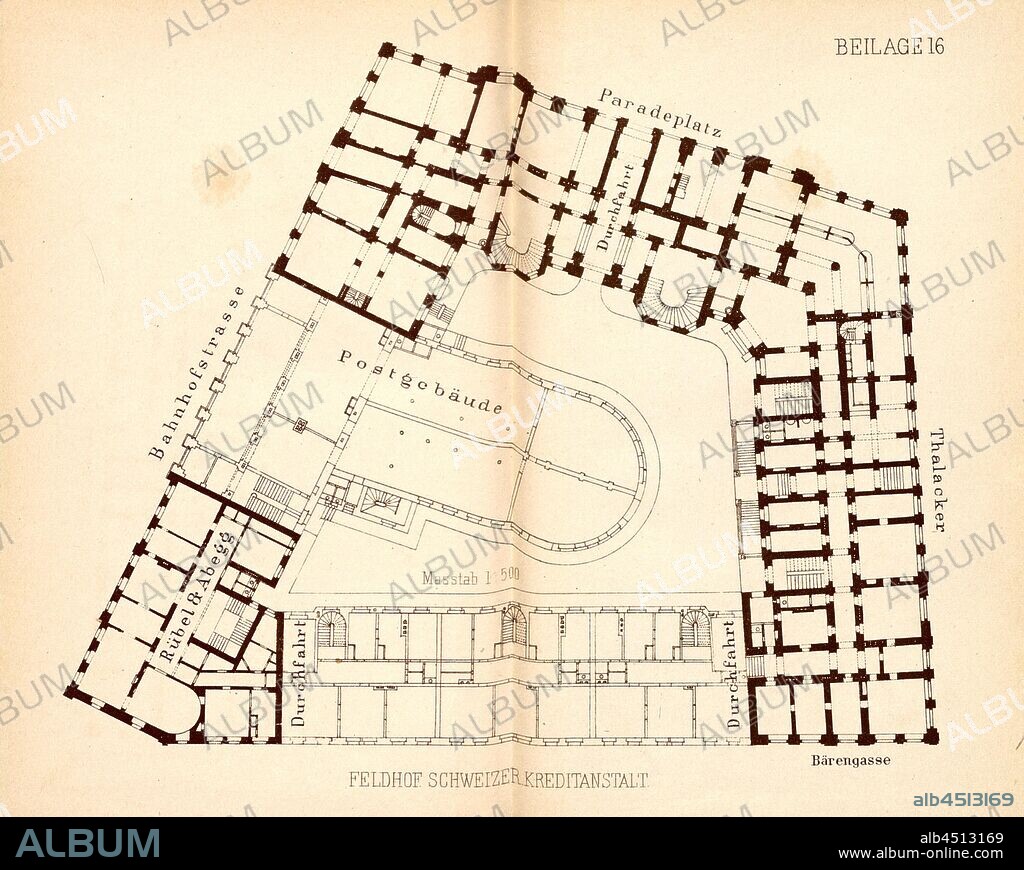 Feldhof Swiss Kreditanstalt, Floor plan of Schweizerische Kreditanstalt, later Credit Suisse at Paradeplatz Zurich, to p. 108, Schweizerischer Ingenieur und Architekten-Verein: Zürich's Gebäude und Sehenswürdigkeiten. Beschreibung der Stadt (...). Zürich: bei Orell Füssli & Co., 1877.