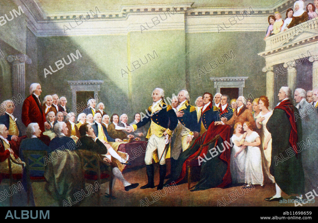 Following the American Revolution, the Continental Army was disbanded and George Washington, who had been commander in chief, took his leave of his officers in New York on December 4, 1783. This painting, by American artist John Trumbull (1756-1843), shows Washington's subsequent resigniation of his command of the army to Congress, which was meeting in the Maryland State House in Annapolis, on December 23, 1783. The painting now hangs in the Rotunda of the Capitol in Washington, D.C.