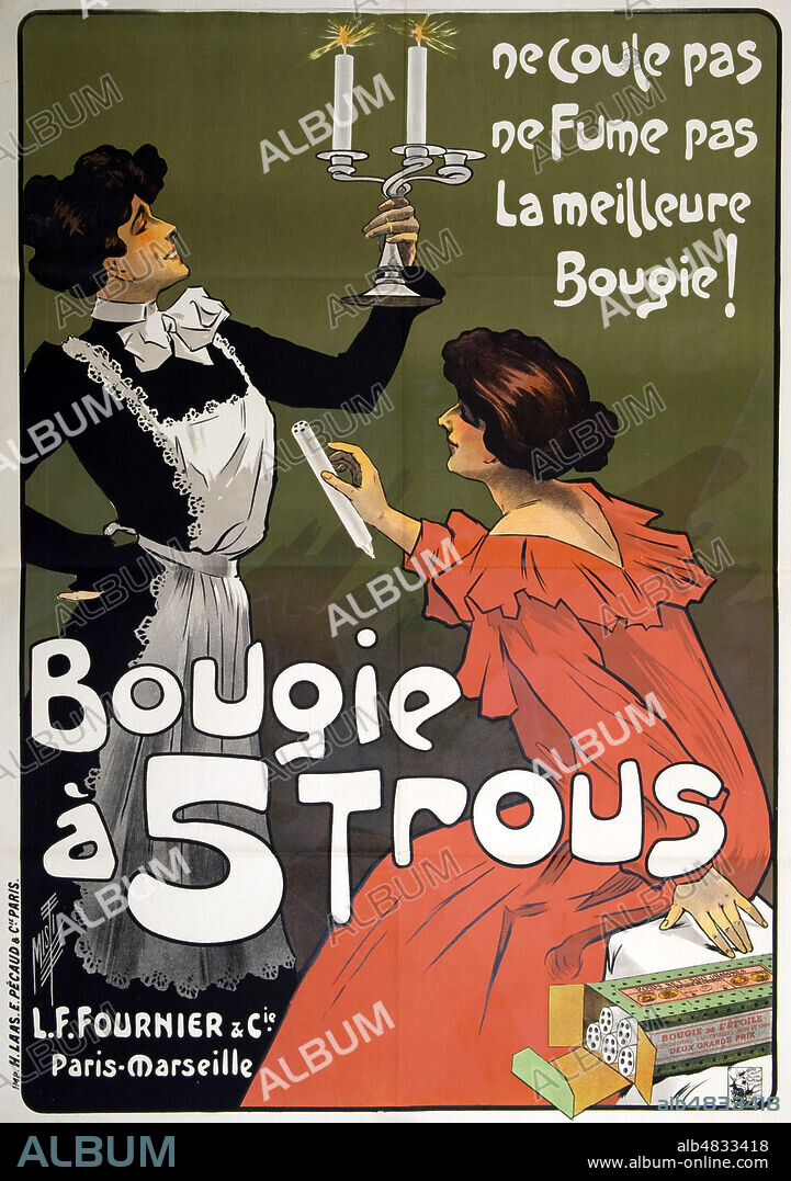 'bougie a 5 trous. Ne coule pas, ne fume pas, la meilleure bougie !'. Affiche publicitaire vers 1890. Illustration par Misti (1865-1923). Credit : IM/KHARBINE-TAPABOR.