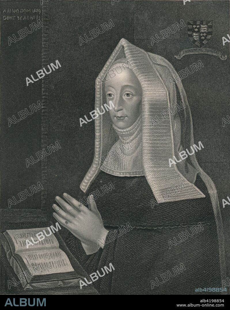 'Margaret of Lancaster. Mother of Henry VII', (early-mid 19th century). Portrait of Lady Margaret Beaufort (1443-1509), a descendant of John of Gaunt, founder of the House of Lancaster. She was an important figure in the Wars of the Roses. 'From the collection of The Right Honourable The Earl of Derby'. [The London Printing and Publishing Company, London].