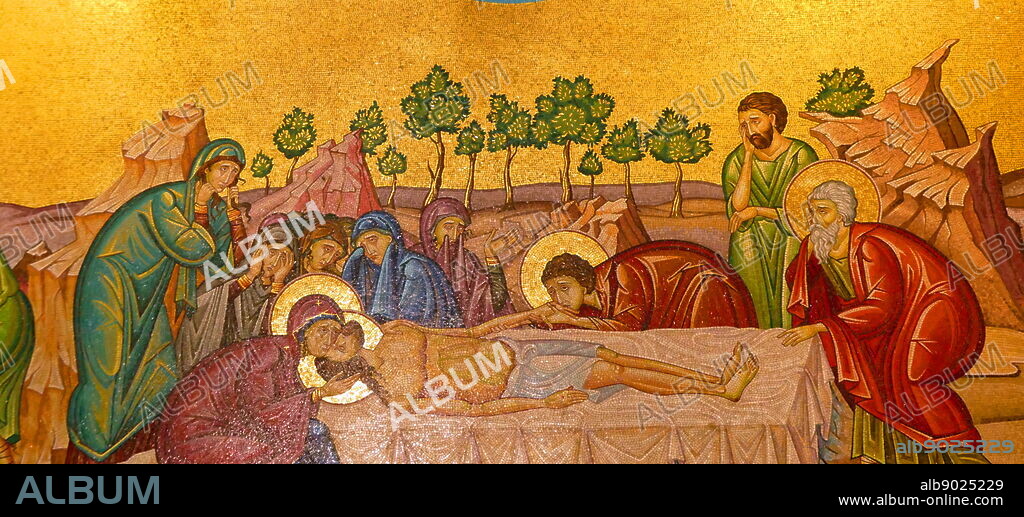 mosaic depiction of Christ's body being prepared after his death. Church of the Holy Sepulchre, Jerusalem. For Orthodox Christians this church in the Christian Quarter of the Old City of Jerusalem, contains, according to traditions, the two holiest sites in Christianity: the site where Jesus of Nazareth was presented in the temple, where he drove out the money changers and was crucified. Within the church are the headquarters of the Greek Orthodox Patriarch of Jerusalem.