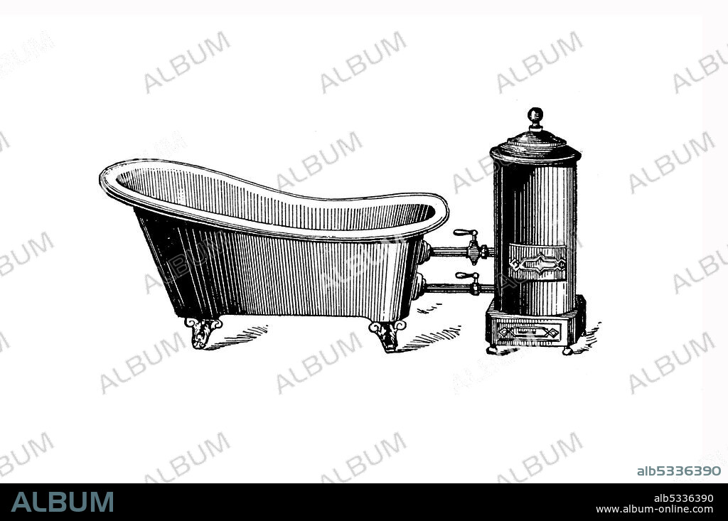 Bathtub Oven  /  Badewanne mit Ofen, Historisch, historical, digital improved reproduction of an original from the 19th century / digitale Reproduktion einer Originalvorlage aus dem 19. Jahrhundert.