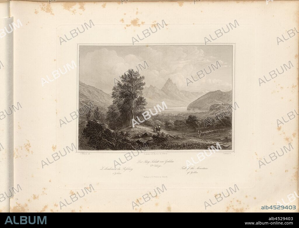 The mountain rubble of Goldau, Ctn. Schwyz, View of the scree after the landslide of September 2, 1806 in Goldau, in the background: Lauerzersee and Mythen, parallel title: L'éboulement du Rossberg à Goldau - Fall of the Mountain of Goldau, pl. 17, p., 73, Ulrich, J. (del.); Huber, C. (sc.), 1856, Johann Jakob Ulrich, Johann Jakob Reithard:.