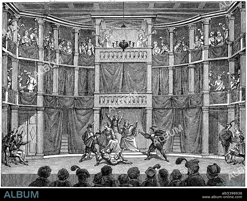 Historical print from the 19th century, interior view of one of an Elizabethan theater of the English Renaissance, a theater stage from the 15th or 16th century