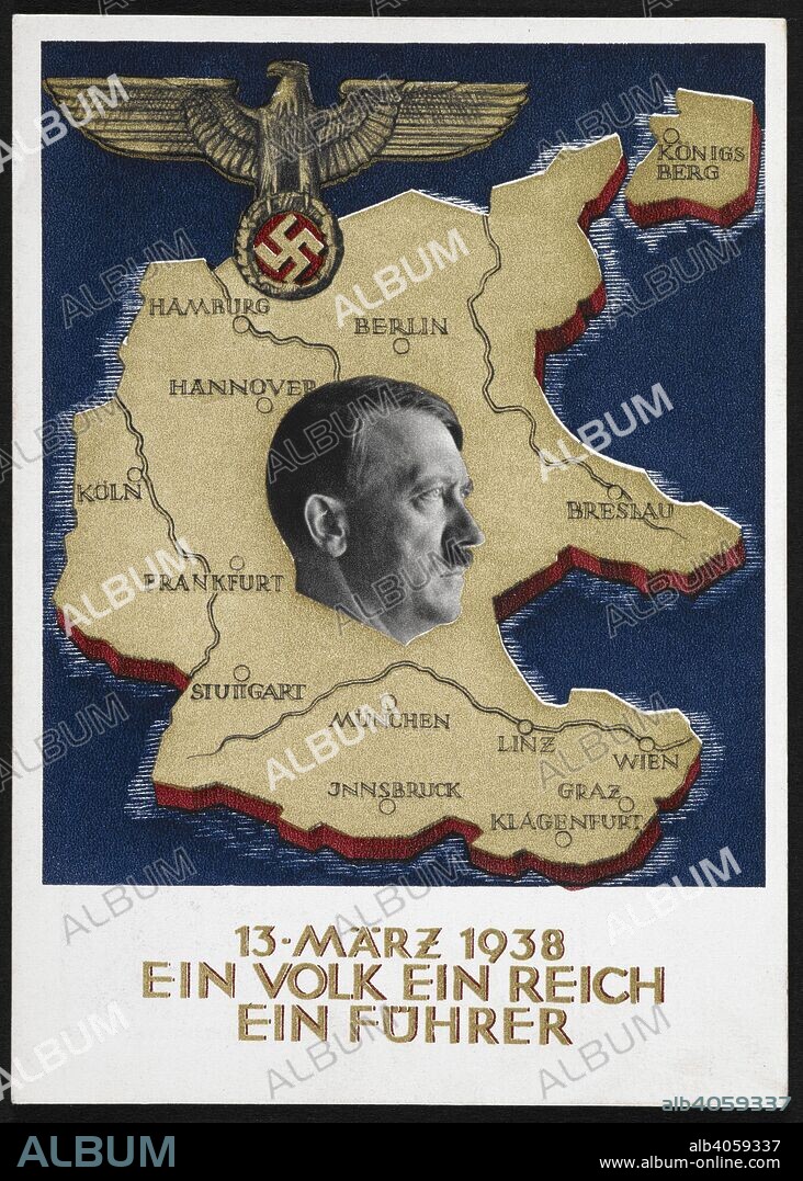 Portrait of Adolf Hitler, over a map of Germany. An Eagle and swastika emblem. A collection of cartographical picture postcards illustrating the political situation in Europe. Colour image. Source: Maps.C.1.a.9.(38). Language: German.