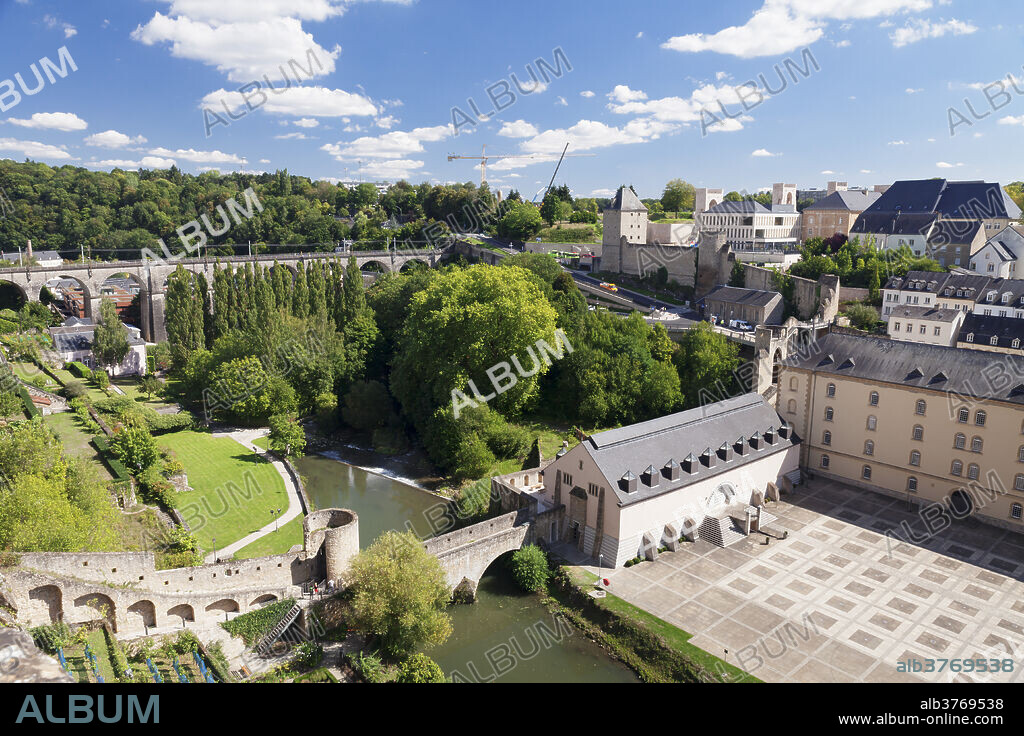 Neumunster Abbey at Lower City Grund, former battlement, old town, UNESCO Wolrd Heritage Site, Luxembourg City, Grand Duchy of Luxembourg, Europe.