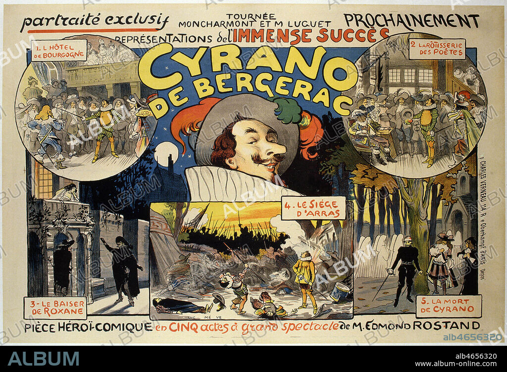Affiche de 1898 pour la piece de theatre Cyrano de Bergerac d'Edmond ROSTAND (1868-1918). Illustration de Lucien METIVET (1863-1932). Credit : Coll. Perrin/KHARBINE-TAPABOR.