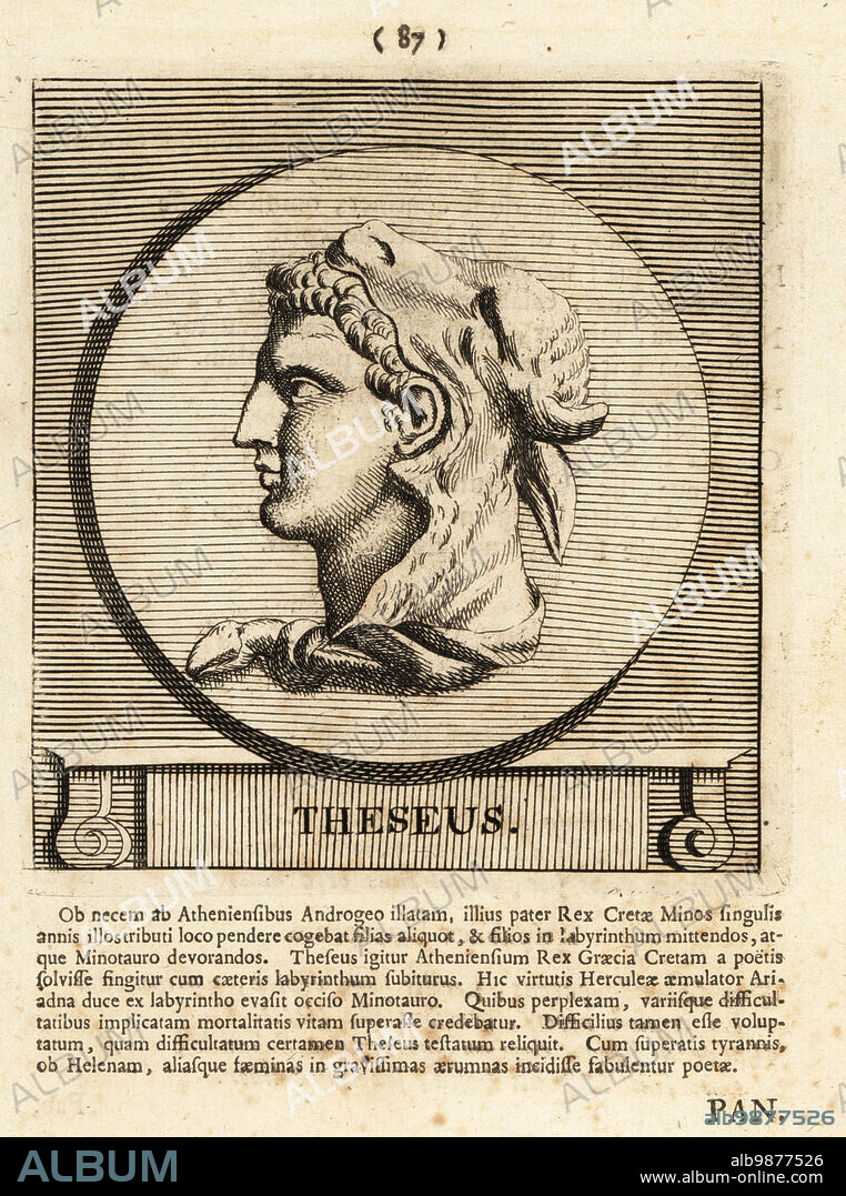 Theseus, mythical king and founder-hero of Athens. Son of Aegeus, King of Athens (or of the god Poseidon) and mother Aethra.. He is wearing a bull's head and horns as a hood. Copperplate engraving by Pieter Bodart (1676-1712) from Henricus Spoors Deorum et Heroum, Virorum et Mulierum Illustrium Imagines Antiquae Illustatae, Gods and Heroes, Men and Women, Illustrated with Antique Images, Petrum, Amsterdam, 1715. First published as Favissæ utriusque antiquitatis tam Romanæ quam Græcæ in 1707. Henricus Spoor was a Dutch physician, classical scholar, poet and writer, fl. 1694-1716.