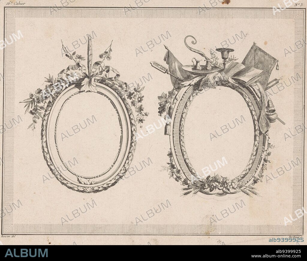 On the left an oval medallion with flowers Right an oval medallion with ecclesiastical attributes including a staff, two jugs, a chalice, a book and a censer, Medallions with flowers and ecclesiastical attributes 16th Cahier de l'Oeuvre de Ranson , print maker: Pierre Gabriel Berthault, (mentioned on object), intermediary draughtsman: Pierre Ranson, (mentioned on object), publisher: Esnauts & Rapilly, Paris, 1778, paper, etching, h 224 mm × w 289 mm.
