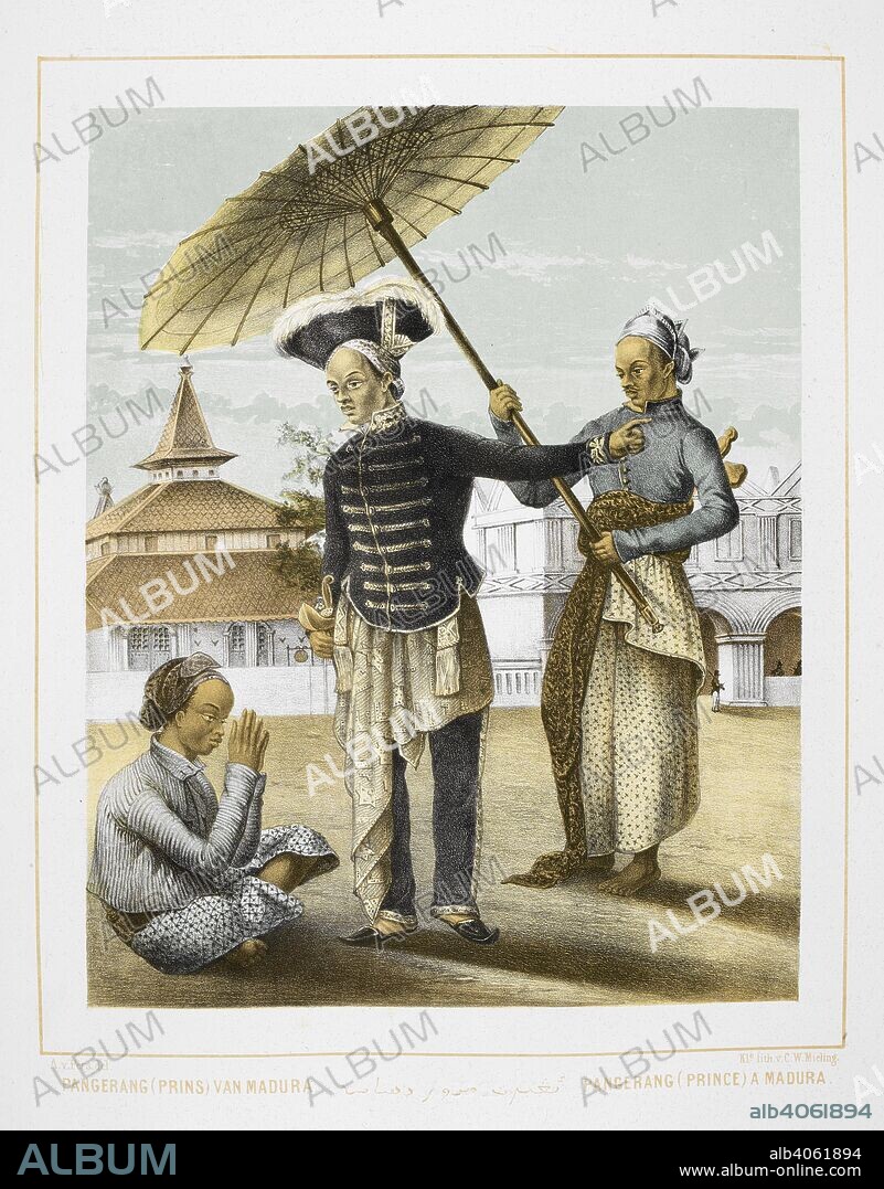 A. VAN PERS. Pangerang (Prince) of Madura, Indonesia. A prince with two servants, one holding a parasol. Nederlandsch Oost-Indischen Typen. Types Indiens Neerlandais. ... S' Gravenhage, 1854-56. Colour illustration. Source: 1781.c.23, plate 15. Language: Dutch.