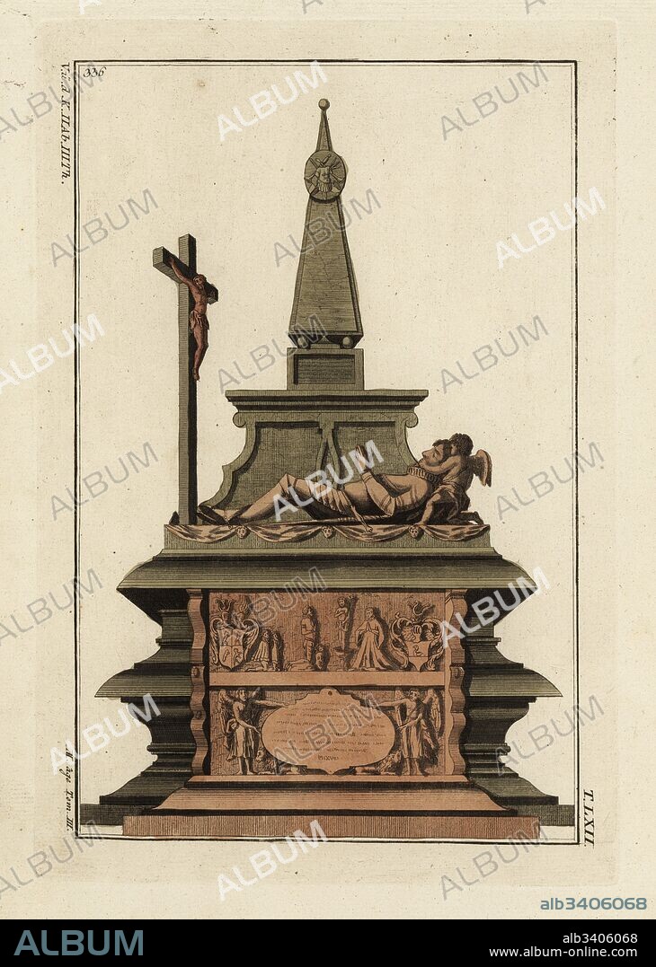 Tomb of a knight who had participated in a crusade, with crucifix and cupid. Copied from Aubin-Louis Milin's Antiquites Nationales, 1791. Handcoloured copperplate engraving from Robert von Spalart's Historical Picture of the Costumes of the Principal People of Antiquity and of the Middle Ages, Chez Collignon, Metz, 1810.