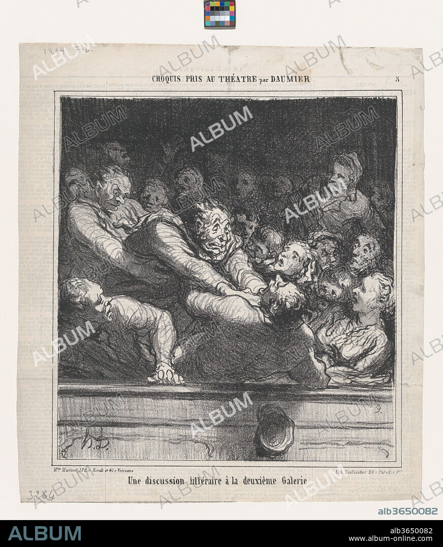 A literary argument on the second tier, from 'Theater sketches,' published in Le Charivari, February 27, 1864. Artist: Honoré Daumier (French, Marseilles 1808-1879 Valmondois). Dimensions: Image: 9 7/16 × 8 11/16 in. (23.9 × 22.1 cm)
Sheet: 11 11/16 × 10 7/16 in. (29.7 × 26.5 cm). Printer: Destouches (Paris). Publisher: Aaron Martinet (French, 1762-1841). Series/Portfolio: 'Theater sketches' (Croquis pris au théatre). Date: February 27, 1864.