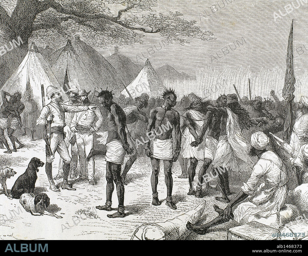 HISTORIA DE AFRICA. "MERCADO DE ESCLAVOS EN ZANZIBAR". Grabado por Hildeibrand (1882) .