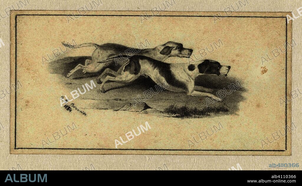 Two running hunting dogs. Draughtsman: Petrus Marius Brouwer. Dating: 1834. Measurements: h 84 mm × w 164 mm.