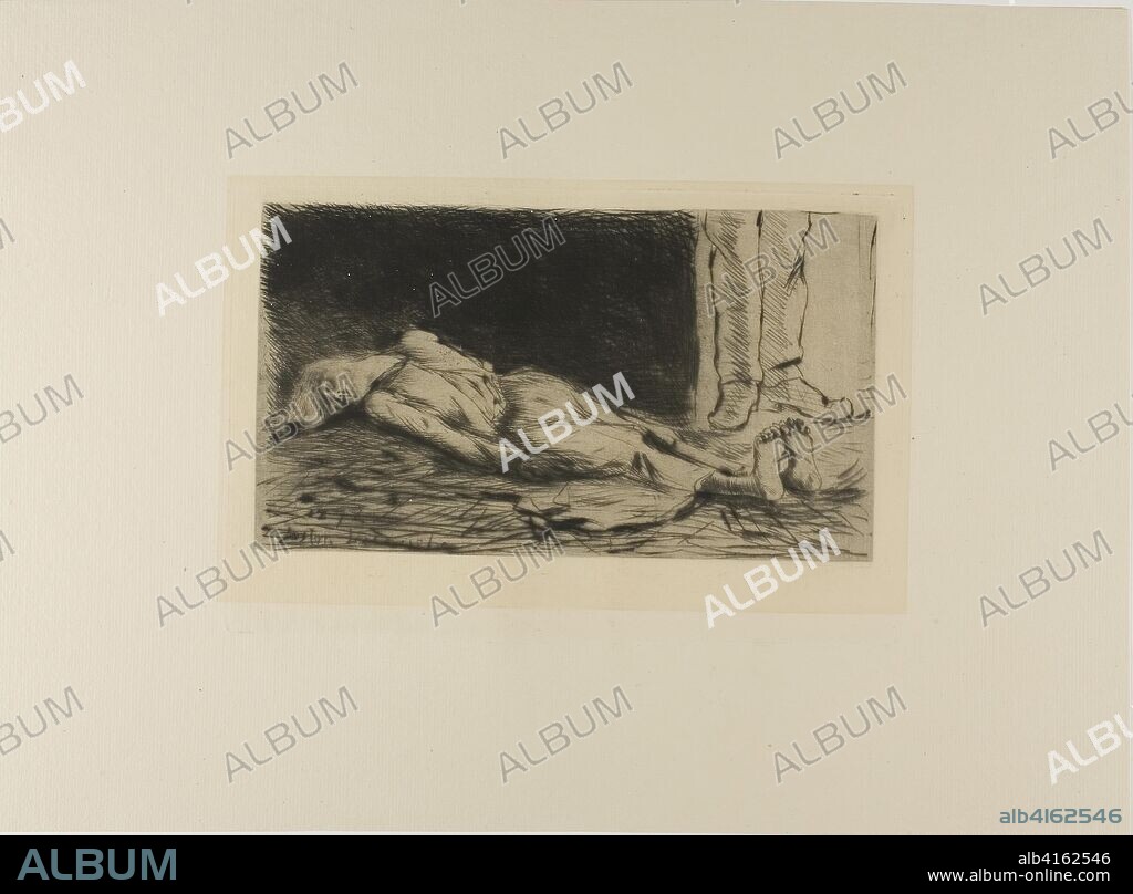 Plate from l'Assommoir (woman lying on floor). Gaston La Touche; French, 1854-1913. Date: 1878. Dimensions: 123 × 219 mm (image); 159 × 239 mm (plate); 295 × 403 mm (sheet). Drypoint and plate tone on ivory laid paper. Origin: France.