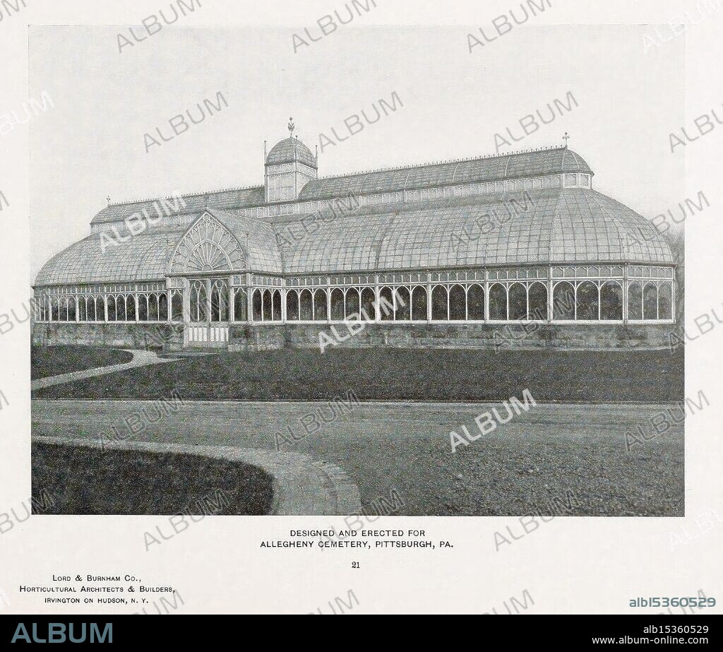 Catalogue of greenhouses Irvington, N.Y, The Company, c1903. Catalogs Greenhouses Lord Burnham Co, A grand greenhouse structure featuring a combination of intricate architectural elements and expansive glass paneling, showcasing a prominent central dome and arched windows. The design reflects a harmonious blend of functionality and aesthetic appeal, situated in a landscaped area with a curved path in the foreground. This impressive building was specifically designed and erected for Allegheny Cemetery, located in Pittsburgh, Pennsylvania, highlighting the significance of nature and memorial gardens in the context of the cemetery.