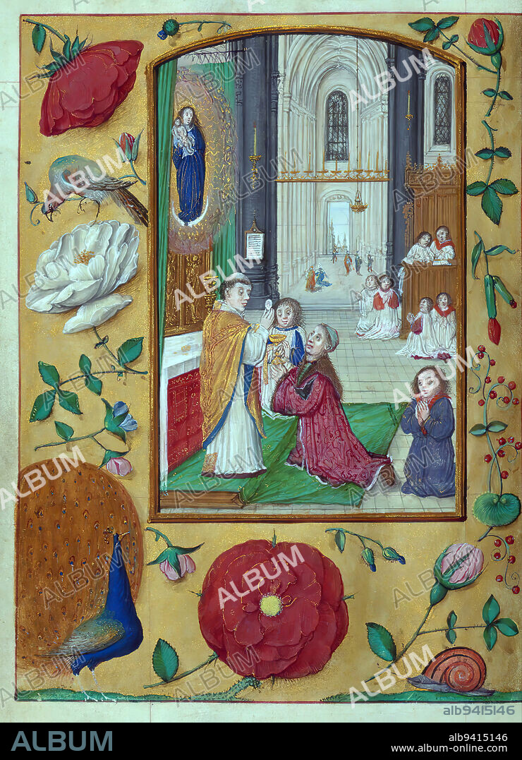 Aussem Hours, Celebration of mass with Aussem family member receiving communion, This early sixteenth-century book of hours was made for the Aussem family in Cologne, Germany, a provenance proclaimed through family heraldry within the manuscript, as well as the arms of Cologne stamped on its original leather binding. Lavishly illuminated throughout with full-page miniatures and historiated initials, the manuscript is just as notable for the marginal decorations that surround the figurative scenes. Illusionistic jewelry, architecture, texts, flowers, and insects abound.