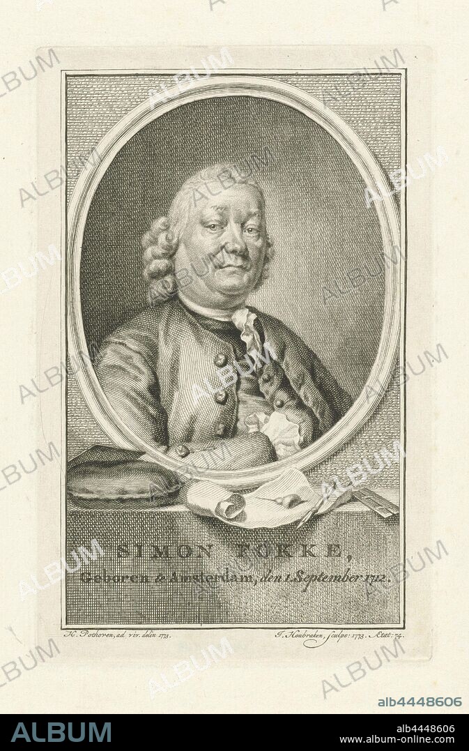 Portrait of Simon Fokke Simon Fokke (title on object), Portrait of the engraver Simon Fokke in an oval. The portrait rests on a plinth on which the engraver's tools: burin, etching needle and paper. Below the portrait are name and information in two lines in Dutch., Tools, implements or graphic artist, Simon Fokke, Jacob Houbraken (mentioned on object), Amsterdam, 1773, paper, engraving, h 189 mm × w 122 mm.