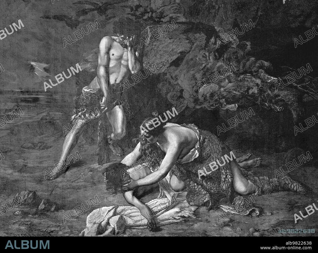 Cain's fratricide, First Book of Genesis, Chapter 4, Verses 3-16, Cain and Abel, Sin, God, Land of Nod, Old Testament, Bible, Darkness, Field, Historical Illustration 1890