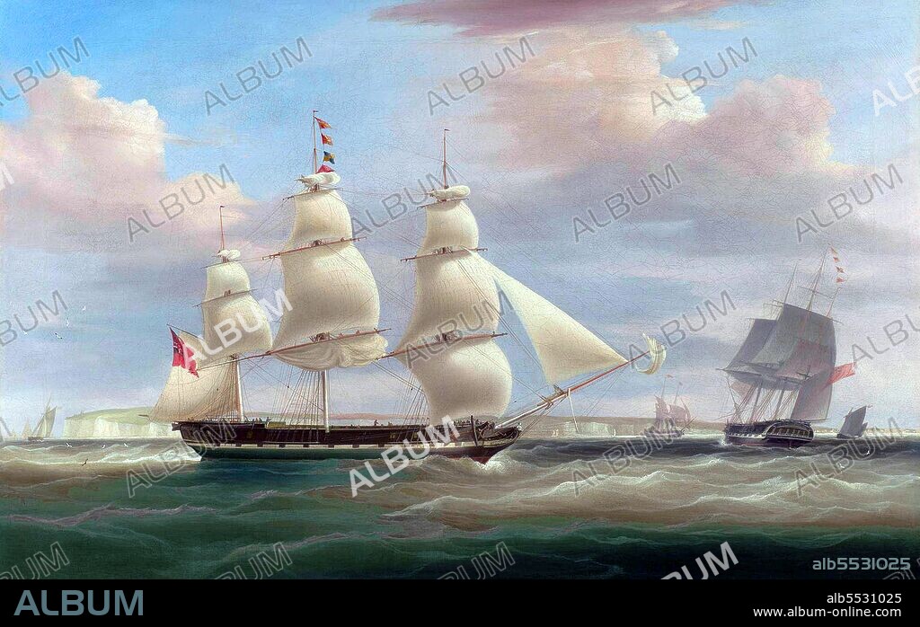 A painting of the East Indiaman ‘Atlas’, shown off South Foreland, near Dover, in broadside view. She sailed on her first voyage to India in 1813 and made at least nine more thereafter until 1830.  The ‘Atlas’ was built in 1812 at Paul's Yard near Hull. She was mounted with 26-guns and had a complement of 130 men at full strength. During her East India Company service she sailed to Madras, Bengal and China under the command of Captain Charles Otway Mayne, who was able to accumulate a fortune as a result of these voyages.