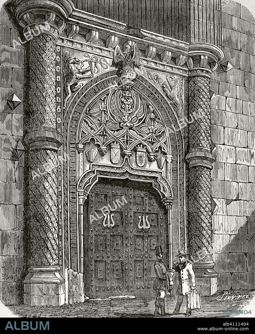 España. Guadalajara. Palacio del Infantado. De estilo gótico Isabelino de finales siglo XV. Detalle de la puerta principal. Dibujo por Letre. Grabado por Sierra. Crónica General de España, Historia Ilustrada y Descriptiva de sus Provincias. Castilla-La Nueva, 1869. Biblioteca Histórico Militar de Barcelona, Cataluña, España.