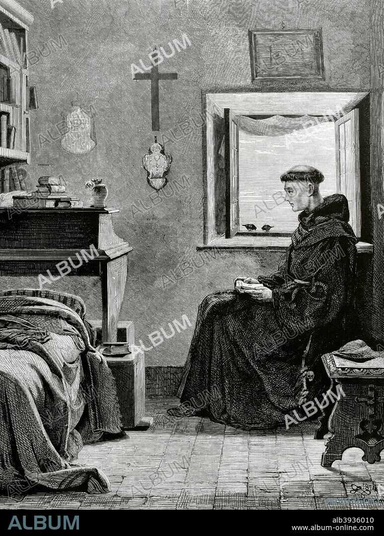 Monaquismo. Un monje capuchino en meditación. Copia del cuadro titulado "Fra Beato", obra del pintor alemán Rudolph Lehmann (1819-1905). Grabado. La Ilustración Española y Americana, 30 de noviembre de 1876. Biblioteca Histórico Militar de Barcelona. Cataluña, España.