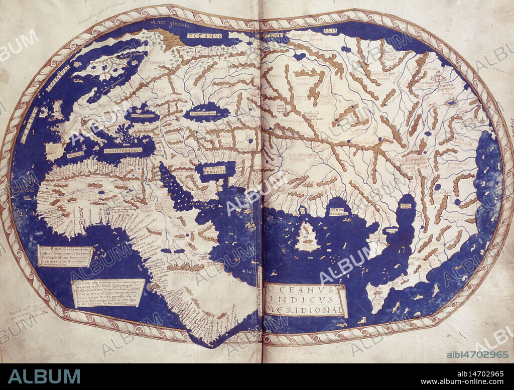 HENRICUS MARTELLUS GERMANUS. World map, 1490. Labelled and coloured, within a border.