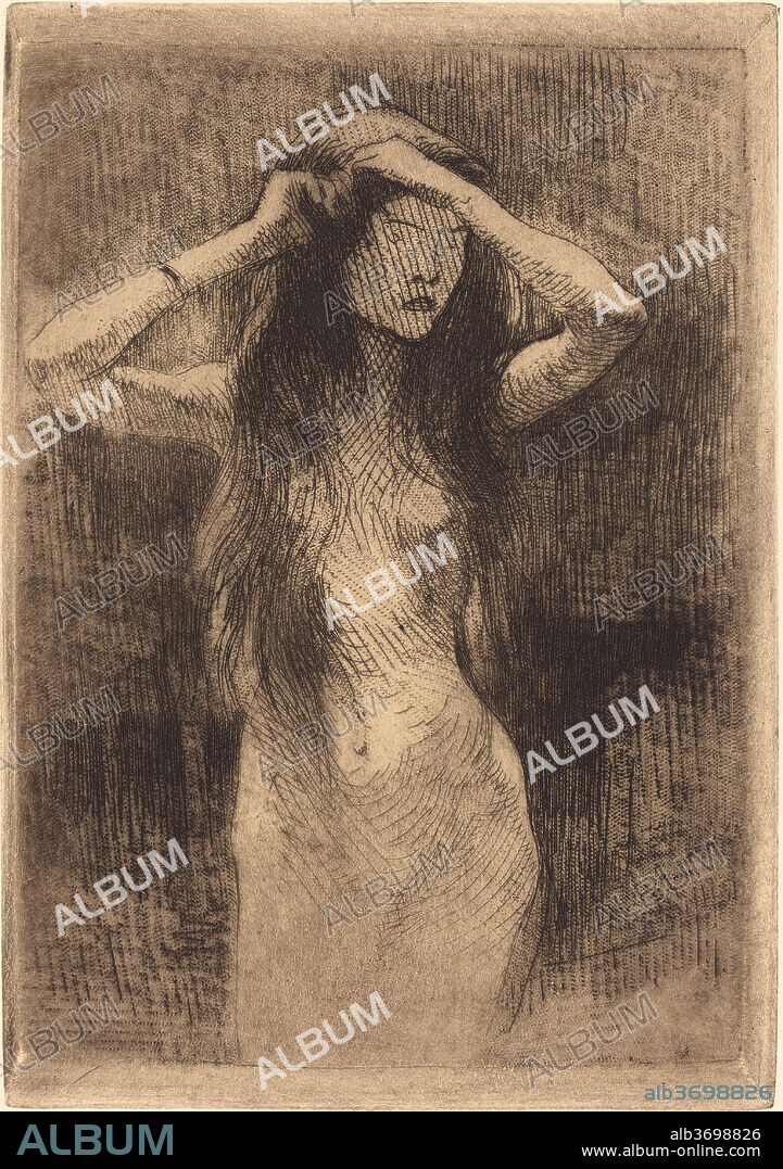 ALBERT BESNARD. Nude Girl Combing Her Hair. Dated: 1887. Dimensions: plate: 18 x 12.5 cm (7 1/16 x 4 15/16 in.)  sheet: 31.8 x 24.2 cm (12 1/2 x 9 1/2 in.). Medium: etching with roulette on wove paper.