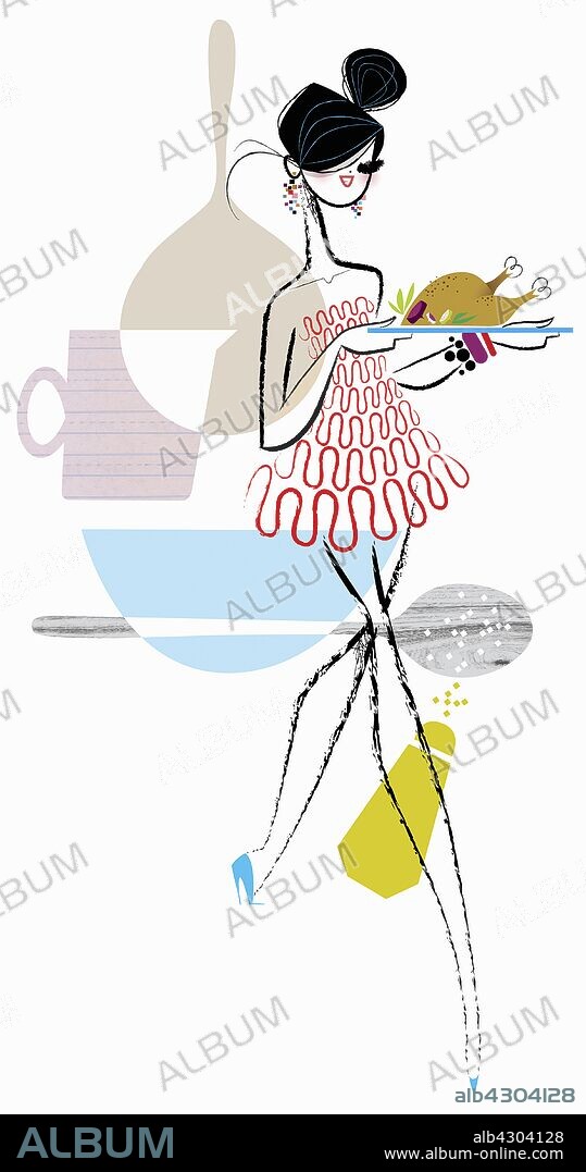 Glamorous woman carrying serving platter with roast turkey.