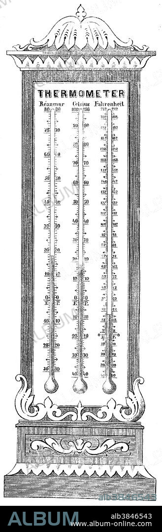 Thermometers intercomparing Reaumur, Celsius, and Fahrenheit temperature scales taken from "Naturwunder Im Reiche der Luft", Natural Wonders in the Realm of Air, 1870. Reamur, a temperature scale on which water freezes at 0 degrees and boils at 80 degrees. Celsius a temperature scale in which 0Â° represents the ice point and 100Â° the steam point. Fahrenheit temperature scale in which 32Â° represents the ice point and 212Â° the steam point.