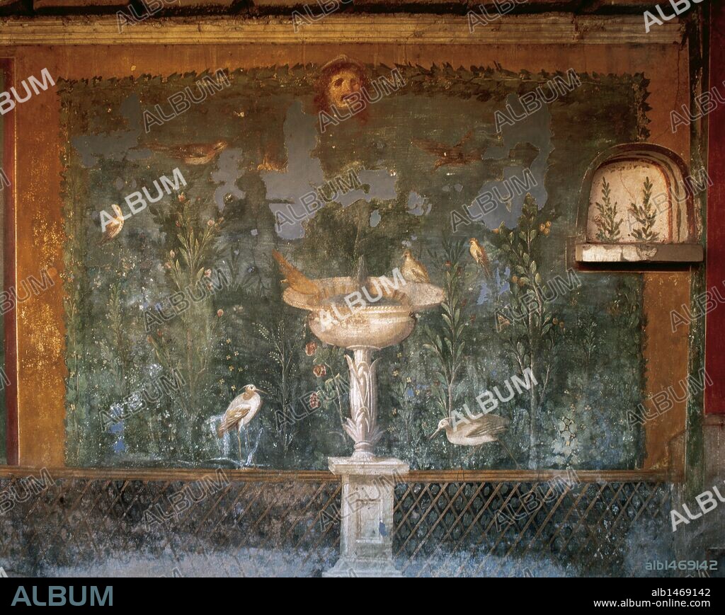 Frseco pompeyano en los muros del jardín de la CASA DE VENUS, con la representación bucólica naturista de una fuente, palomas y flores (siglo. I). POMPEYA. La Campania. Italia.