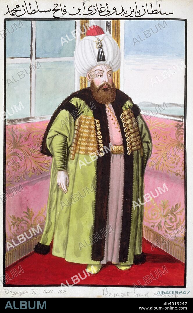 Bayezid II, Ottoman Emperor, (1808). Called 'Aldi' (the Just), Bayezid (c1447-1512) was Sultan from 1481-1512. His reign saw a policy of territiorial expansion, fighting wars against the Safavid Persians, the Mamluks in Egypt and the Venetians in the Peloponnese. From A series of Portraits of the Emperors of Turkey, 1808.