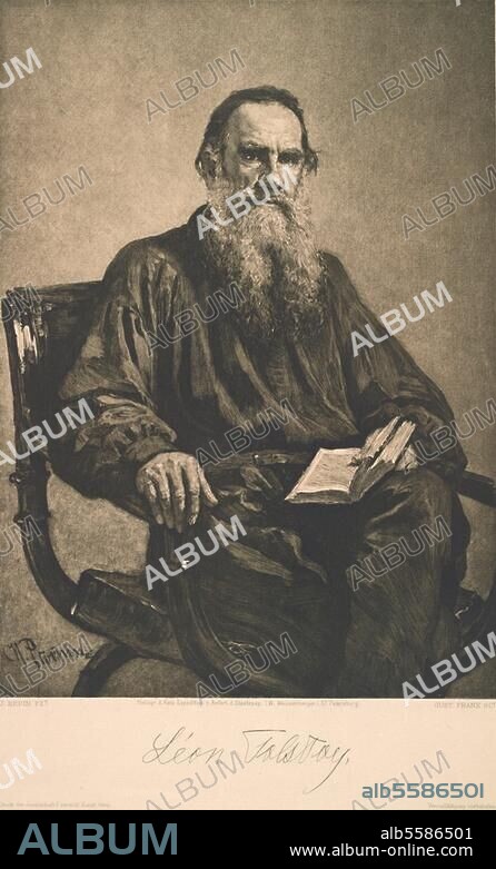 Tolstoy, Leo (Lev) Nikolaevich Count Russian writer Jasnaja Poljana 9.9.1828 - Astapowo. 20.11.1910. Portrait with facsimilised signature. Etching, 1892, by Gustav Frank (born 1859) based on a painting, 1887 by Ilya Yefimovich Repin (1844-1930).