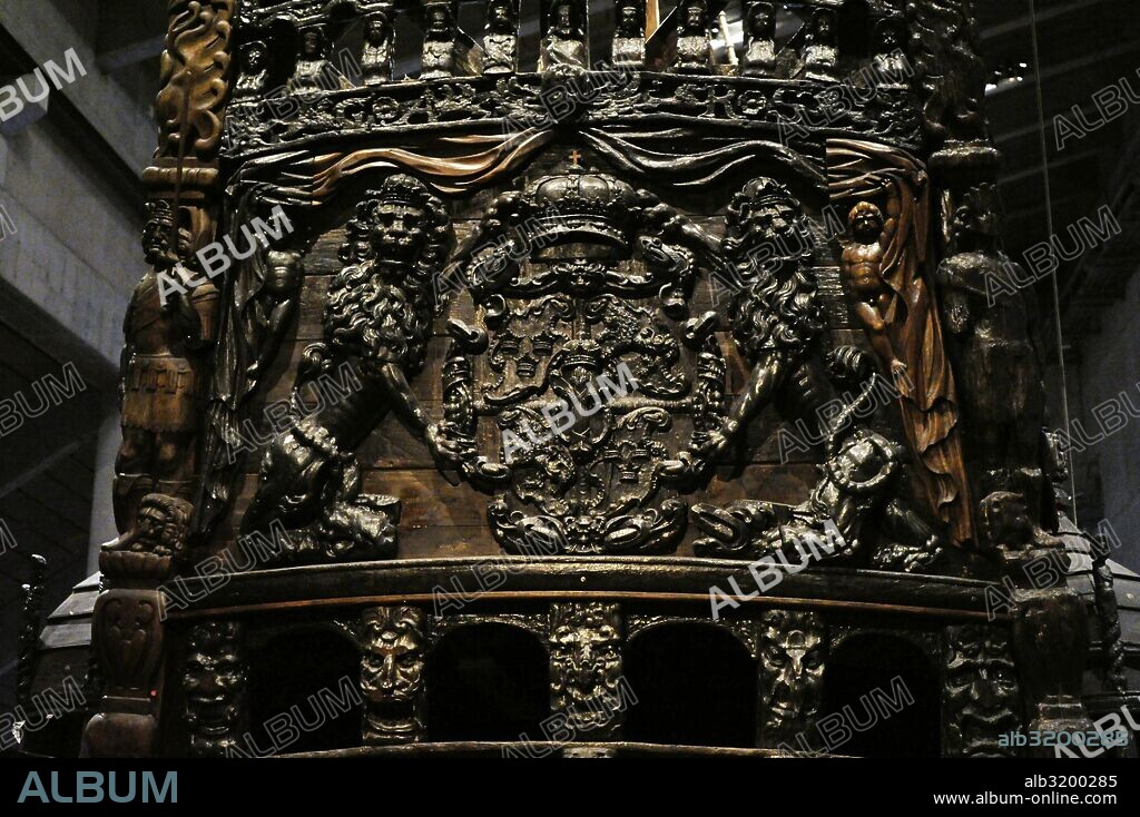 Warship Vasa. Built 1626-1628. Detail of stern. Lions holding the coat of arms of Sweden. Vasa Museum. Stockholm. Sweden.