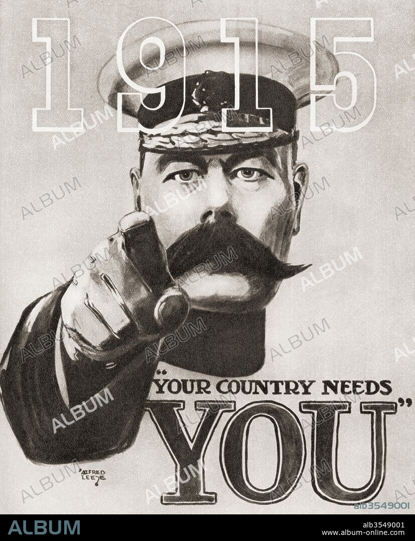 The British wartime recruitment poster depicting Lord Kitchener with the words "Your Country Needs You" and the date 1915. From The Story of 25 Eventful Years in Pictures published 1935.