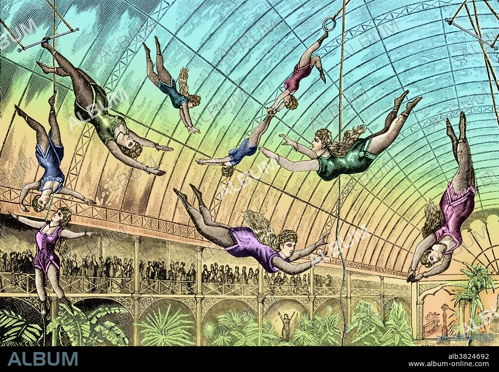 A trapeze is a short horizontal bar hung by ropes or metal straps from a support. It is an aerial apparatus commonly found in circus performances. Trapeze acts may be static, spinning (rigged from a single point), swinging or flying, and may be performed solo, double, triple or as a group act. It is officially the last performance of the circus. An aerialist is an acrobat who performs in the air, on a suspended apparatus such as a trapeze, rope, cloud swing, aerial cradle, aerial pole, aerial silk, or aerial hoop. No artist credited, dated 1890s. This image has been color-enhanced.